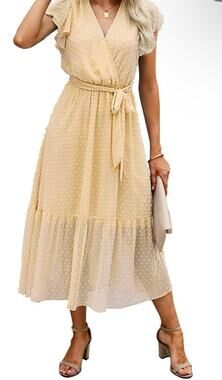 NWOT BTFBM Light Yellow Swiss Dot Bohemian Casual Wrap V Neck Midi Dress Small